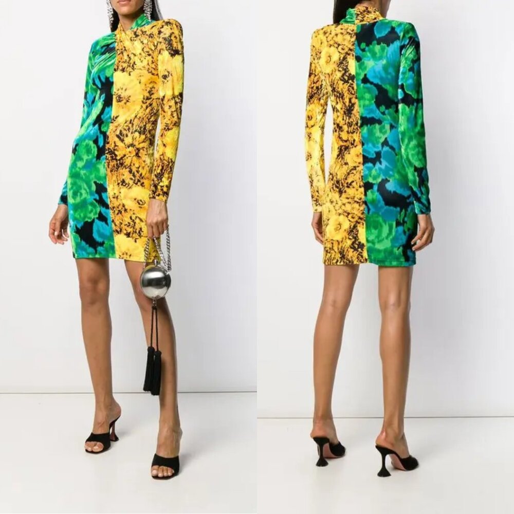 NWT Richard Quinn Mini Dress Sz 2 Twisted Neckline 2-tone Floral Abstract Print